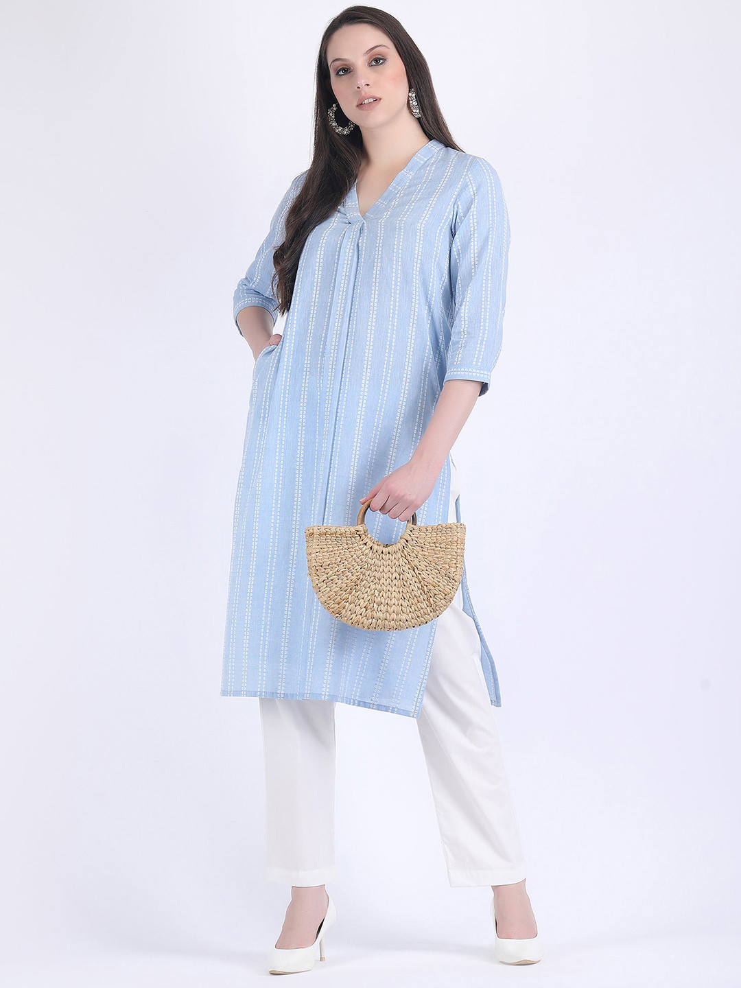 HUE & HIDE Striped Woven Design Straight Kurta With Trouser