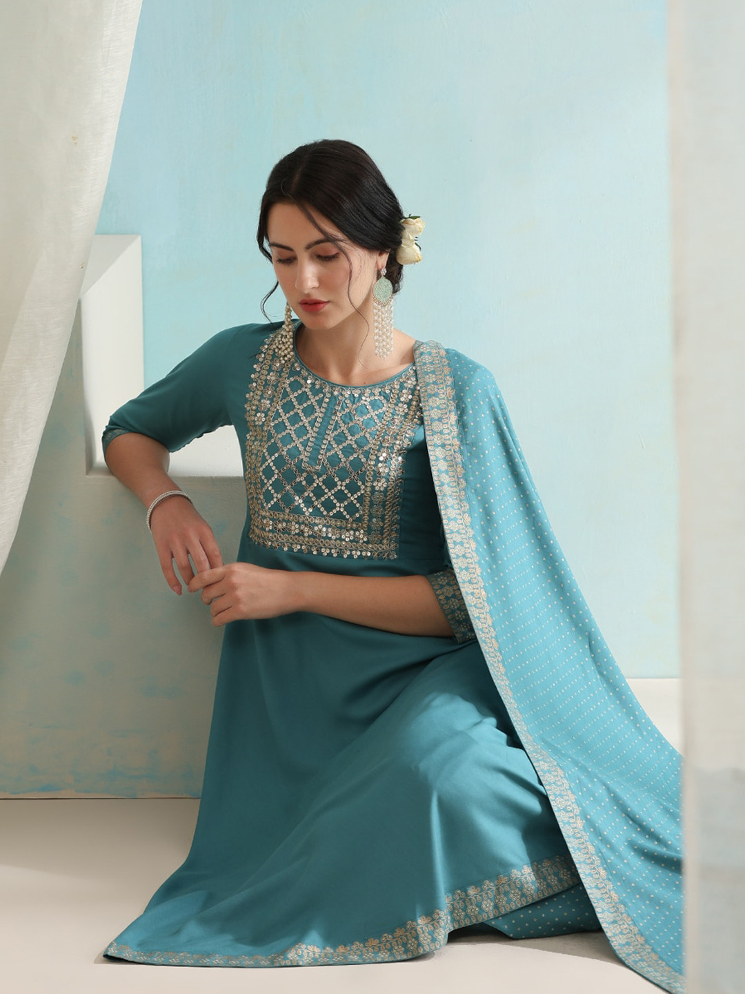 Khushal K Embroidered Round Neck Three-Quarter Sleeves Sequinned Kurta Set