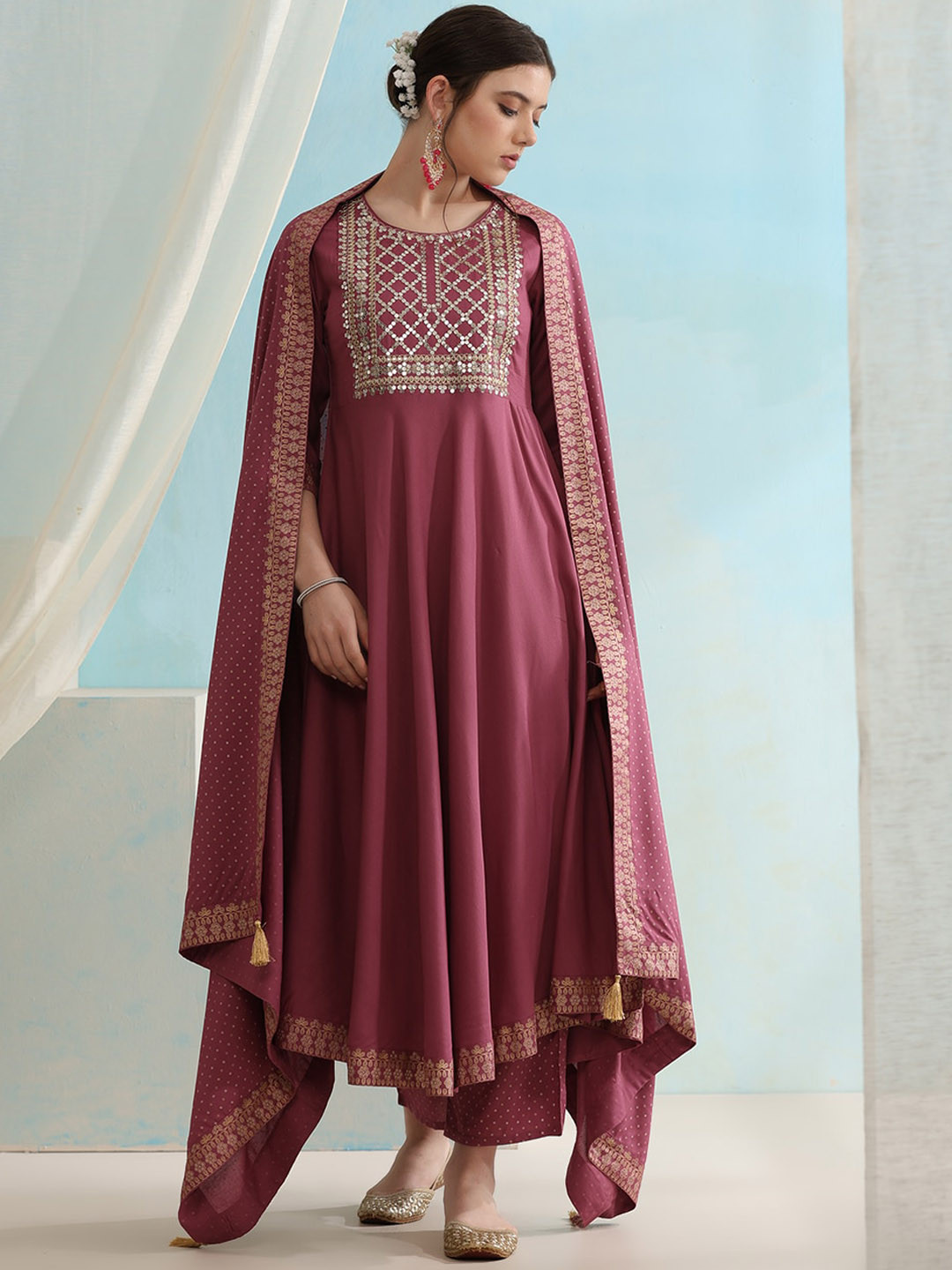 Khushal K Embroidered Regular Sequinned Kurta with Palazzos & Dupatta