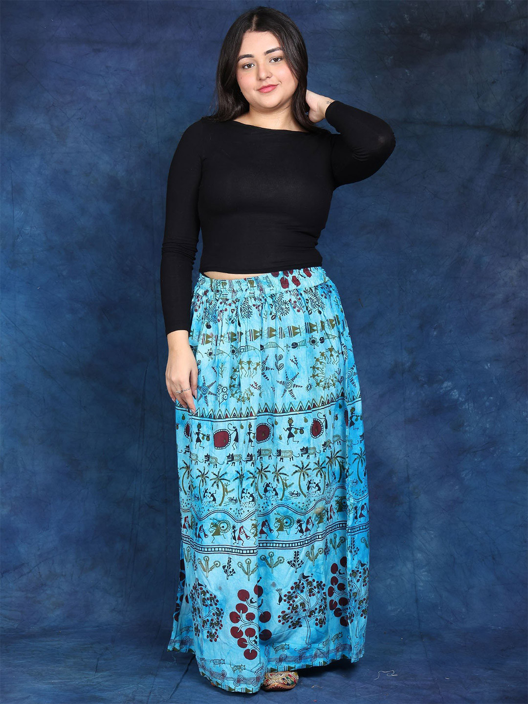 Exotic India Warli Folk Printed Pure Cotton River Blue Long Skirt