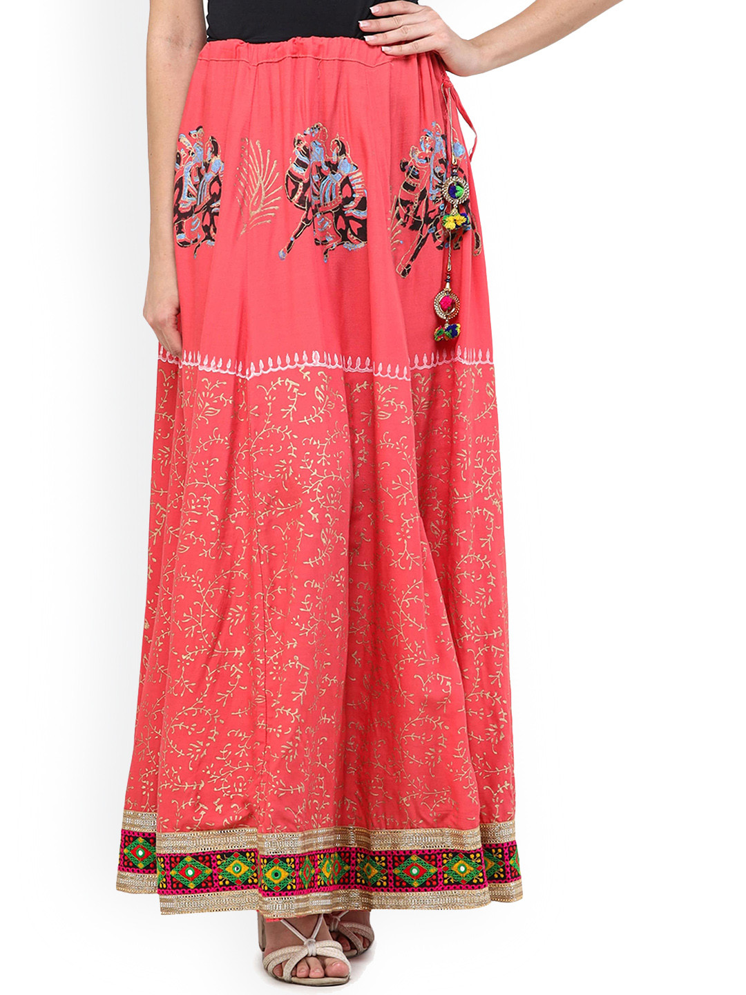Exotic India Coral Paradise Ghagra Skirt with Thread Embroidered Patch Border and Mirrors