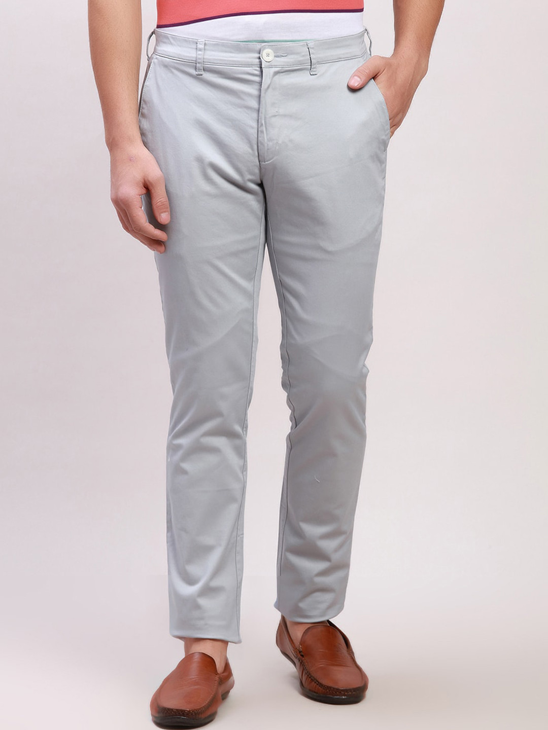 ColorPlus Men Mid-Rise Zip Flat-Front Cotton Slim Fit Regular Trouser