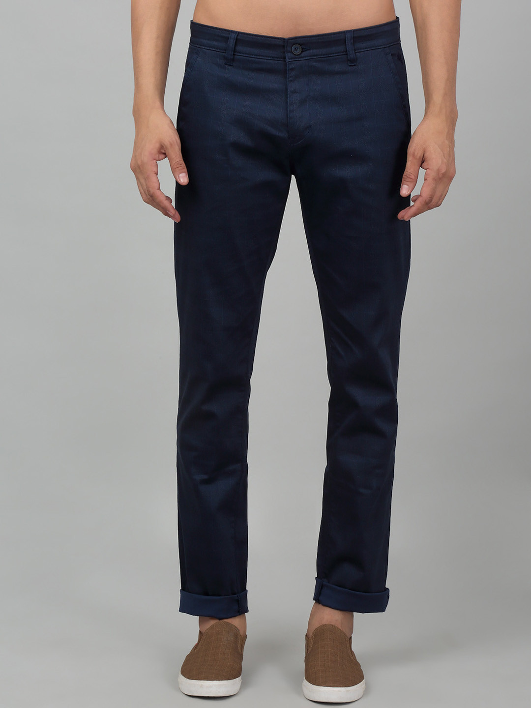Cantabil Men Regular Fit Mid-Rise Checked Plain Stretchable Cotton Trousers