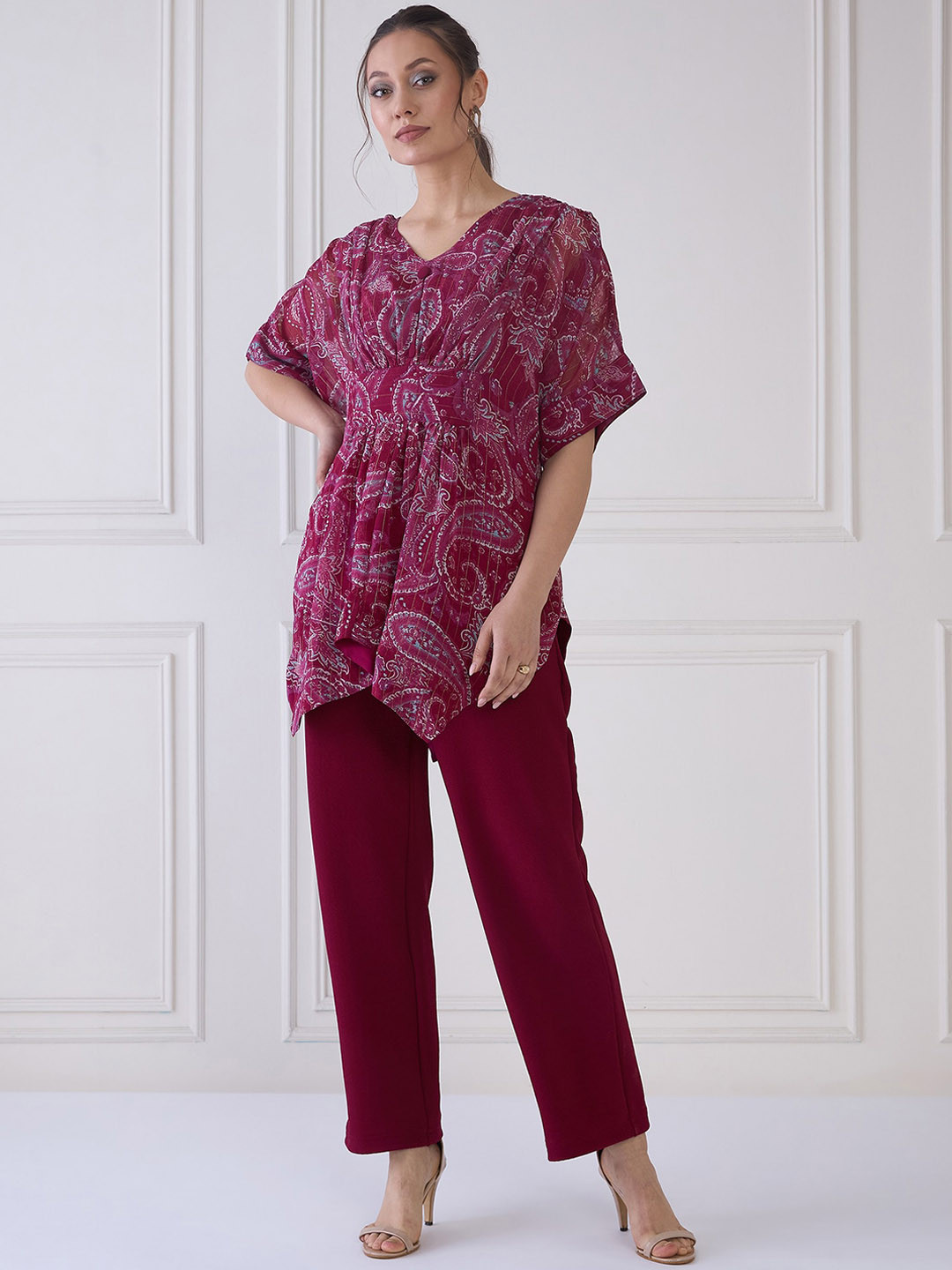 Antheaa Elit Printed V-Neck Kaftan Top & Trousers