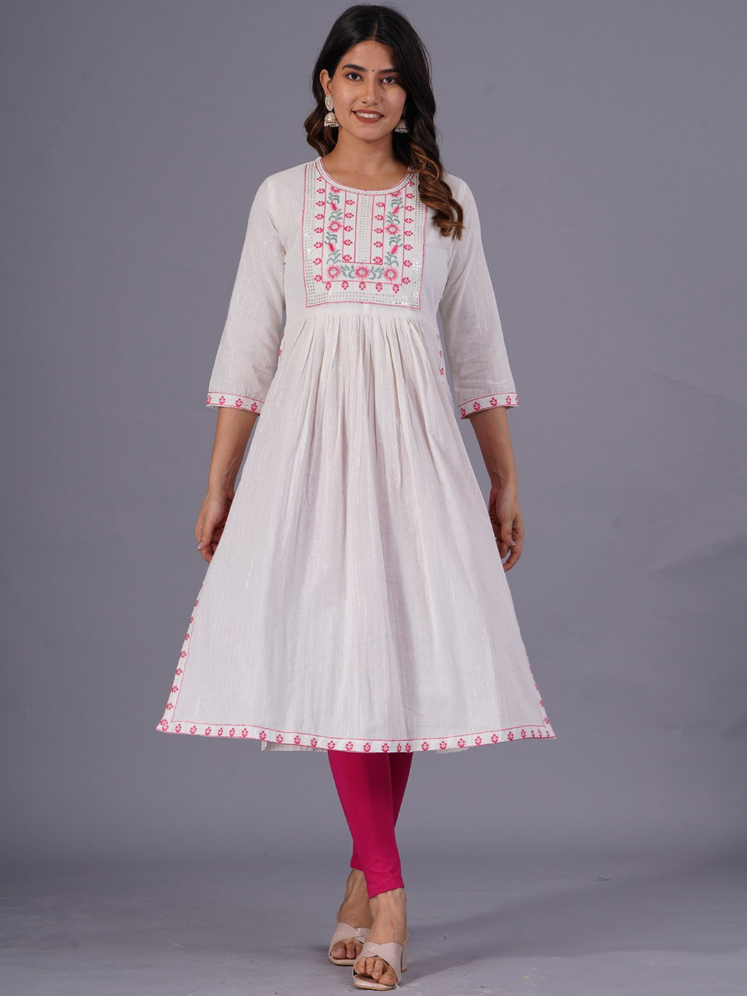 SARAI CREATIONS Round Neck Floral Embroidered Thread Work A Line Kurta
