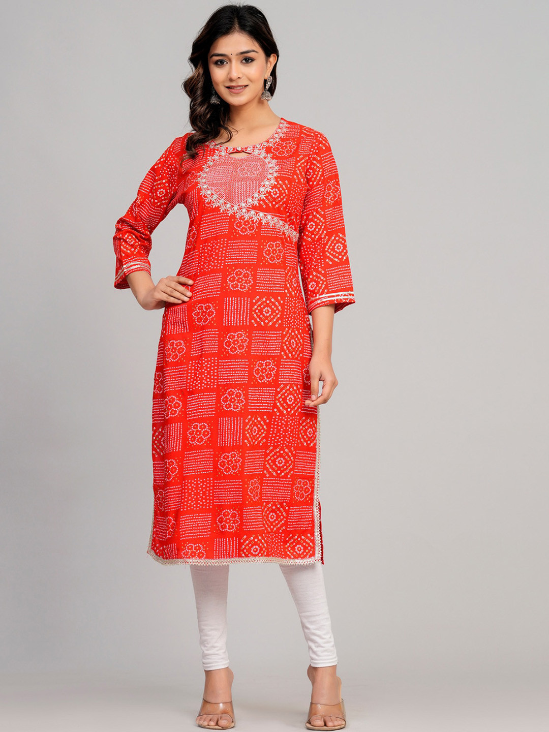 SARAI CREATIONS Key Hole Neck Bandhani Printed Zari Embroidered Straight Kurta