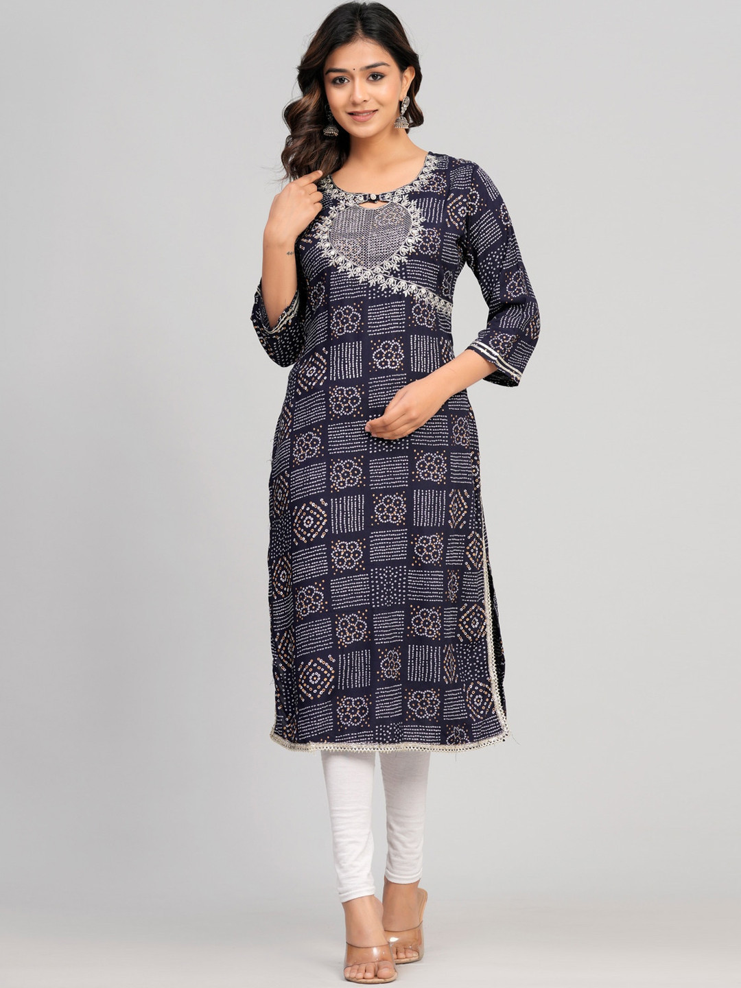 SARAI CREATIONS Round Neck Bandhani Printed Zari Indie Prints Straight Kurta