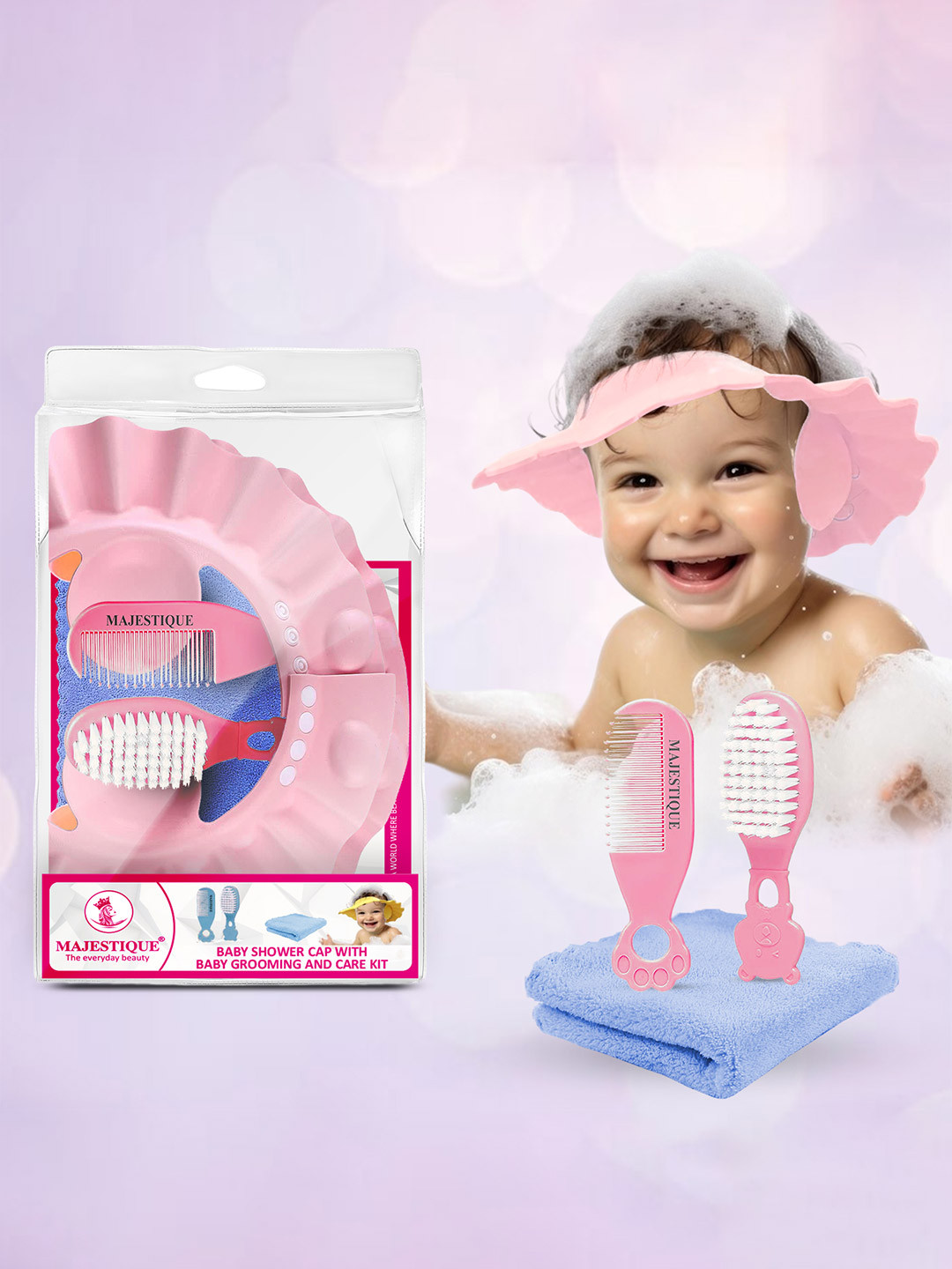 MAJESTIQUE Set Of 4 Shower Cap Brush Comb & Soft Towel Baby Bath Accessories