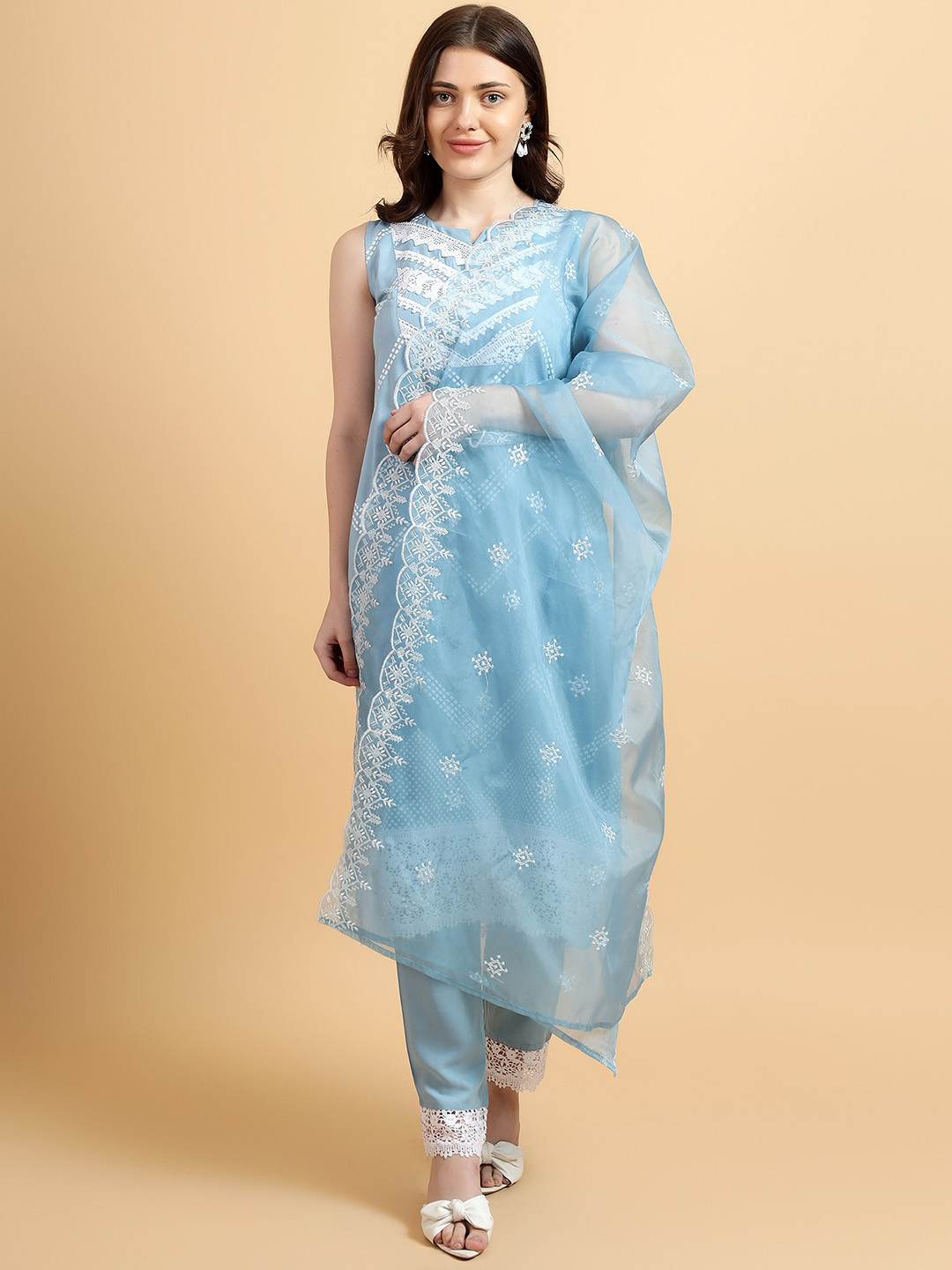 Bani Women Chevron Printed Embroidered Lace Inserts Kurta With Trousers &  Dupatta