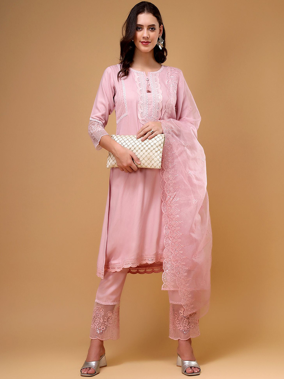 Bani Women Embroidered Thread Work LivaRegular Style Kurta With Trousers & Dupatta