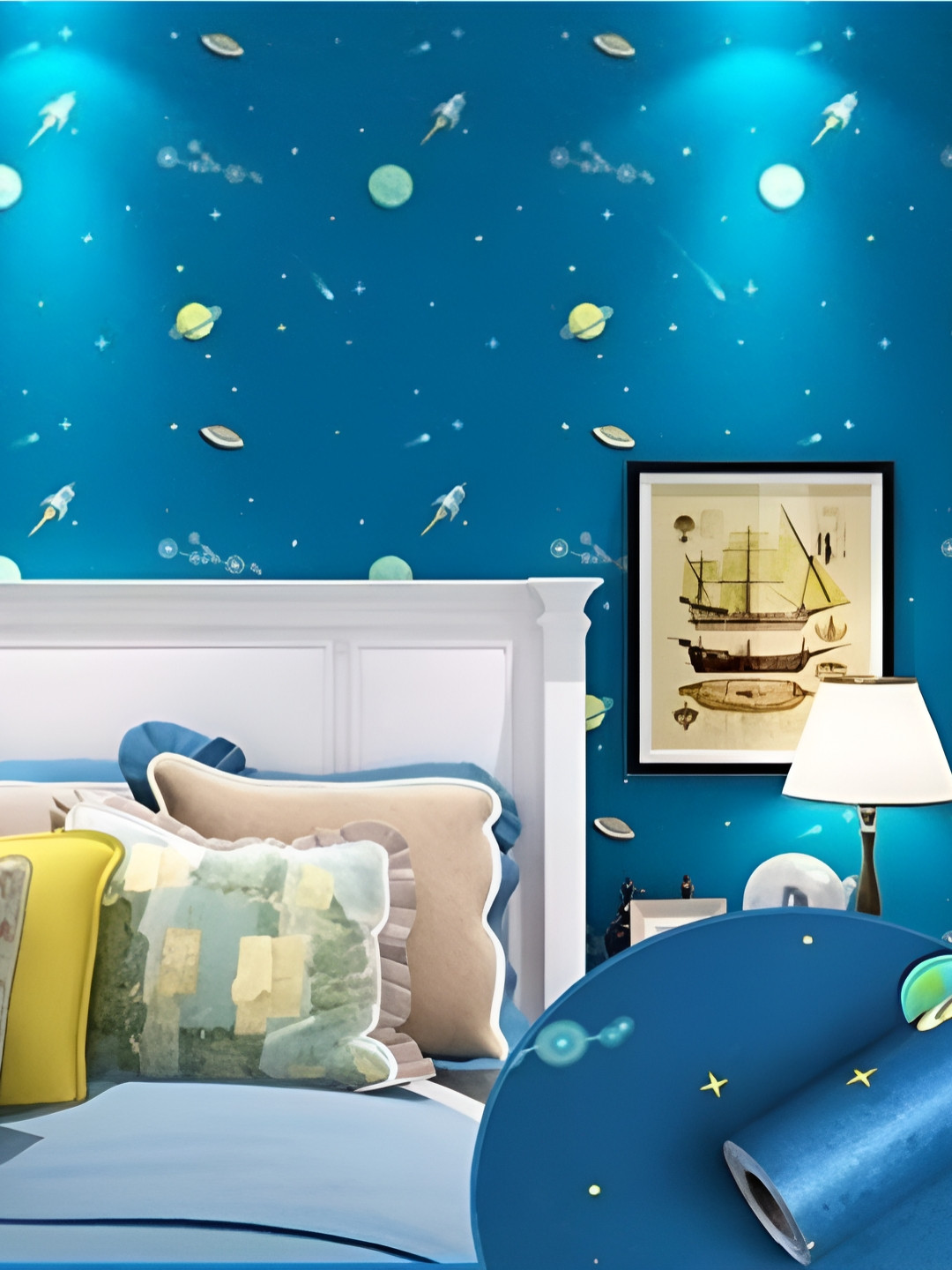 Jaamso Royals Blue & Yellow Planet Peel & Stick Self Adhesive Wall Stickers