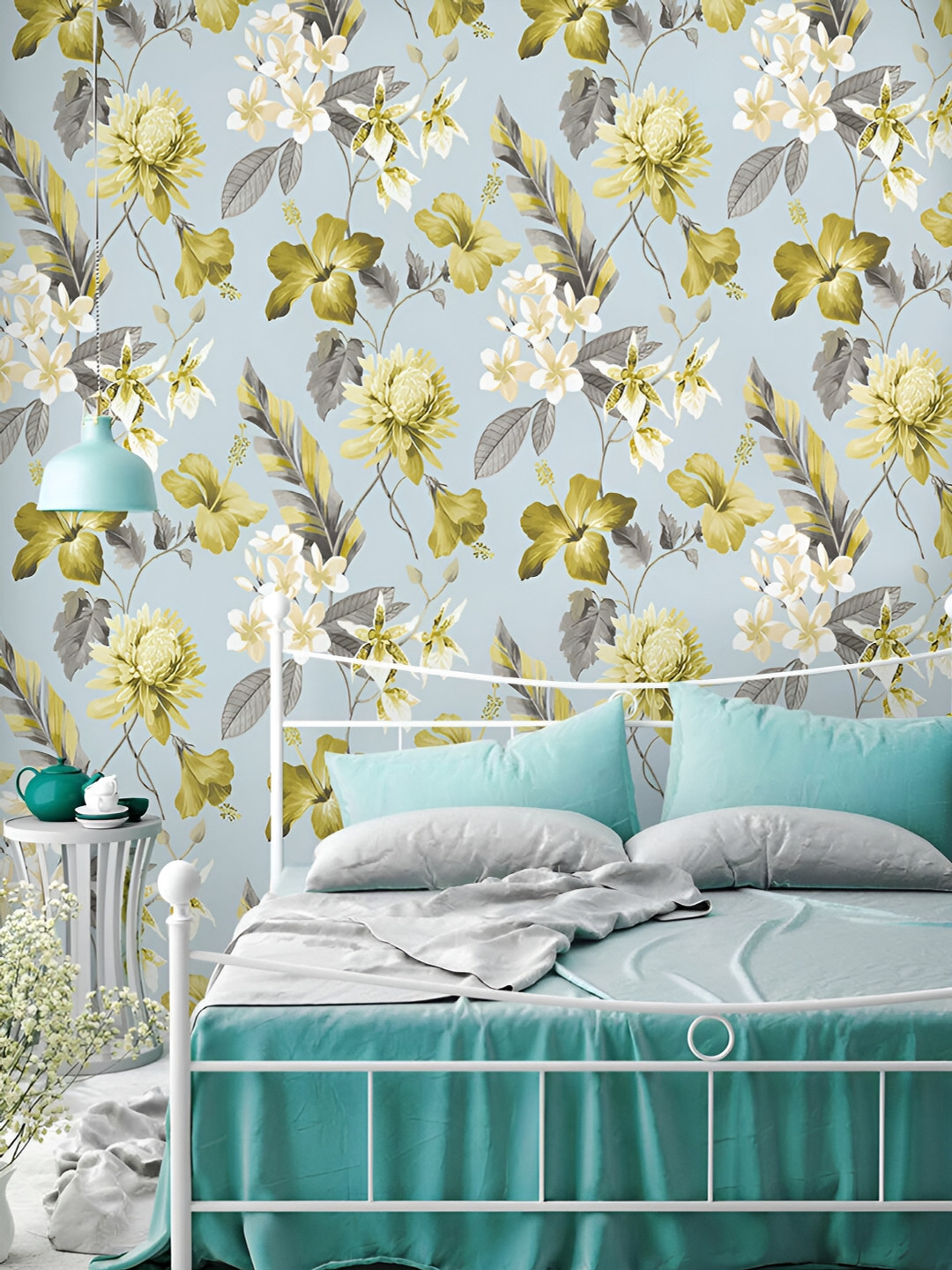 Jaamso Royals Blue & Yellow Flower Printed Peel & Stick Self Adhesive Wall Sticker