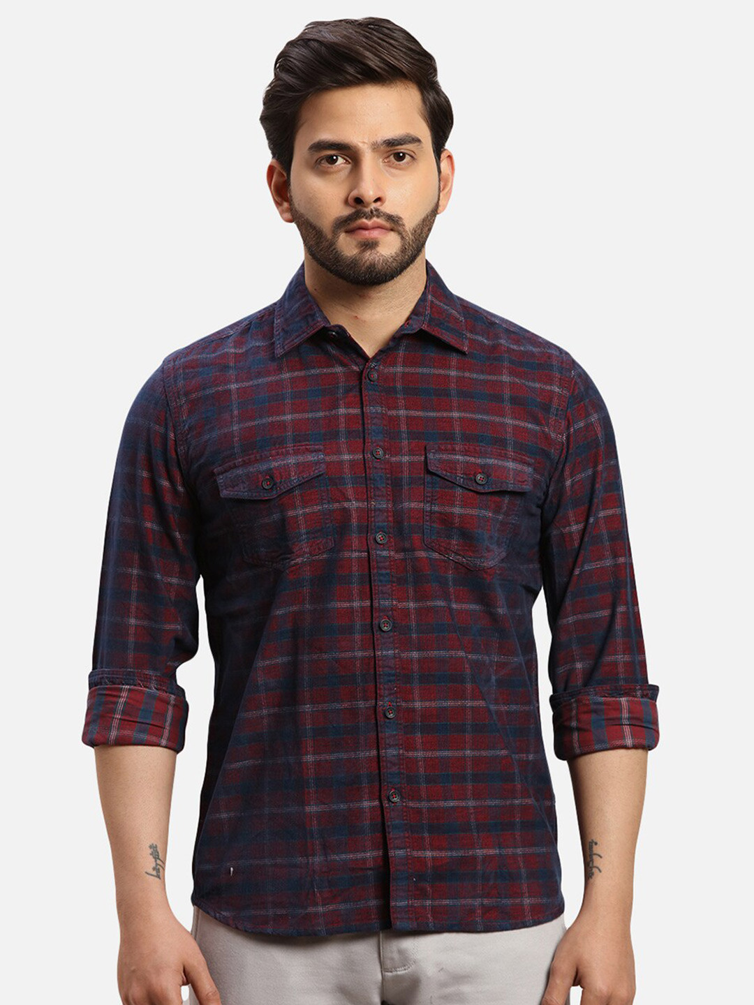 Parx Slim Fit Checked Spread Collar Long Sleeves Casual Shirt