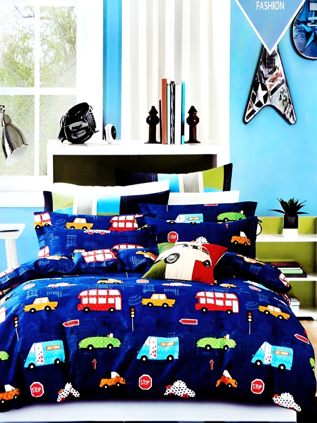 RRC Blue Conversational Microfiber 144 TC Queen Bedsheet with 2 Pillow Covers-59 x 87 inches