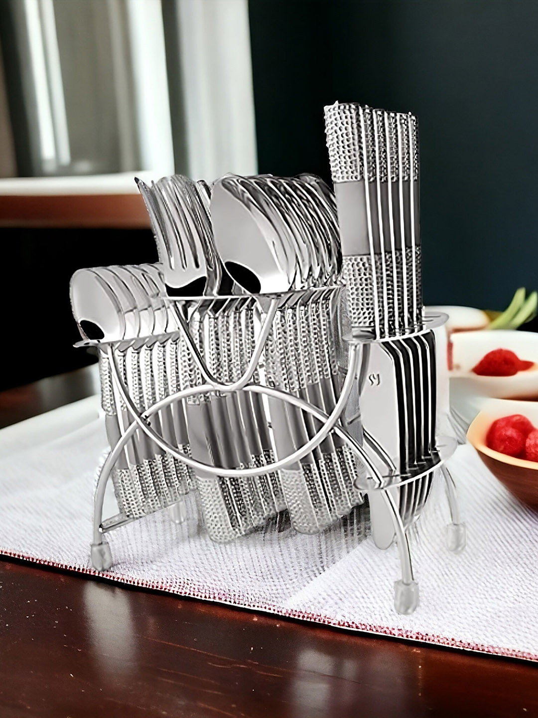 FNS Silver-Toned 24 Pieces Textured  Steel Cutlery With Stand