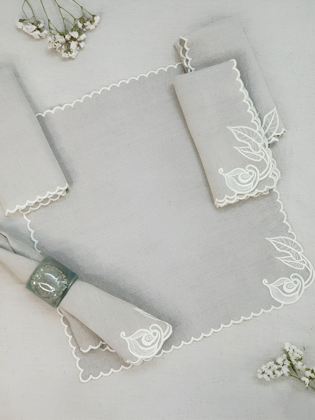 DESIGN GAATHA Beige 6 Pieces Embroidery Pure Linen Table Napkins