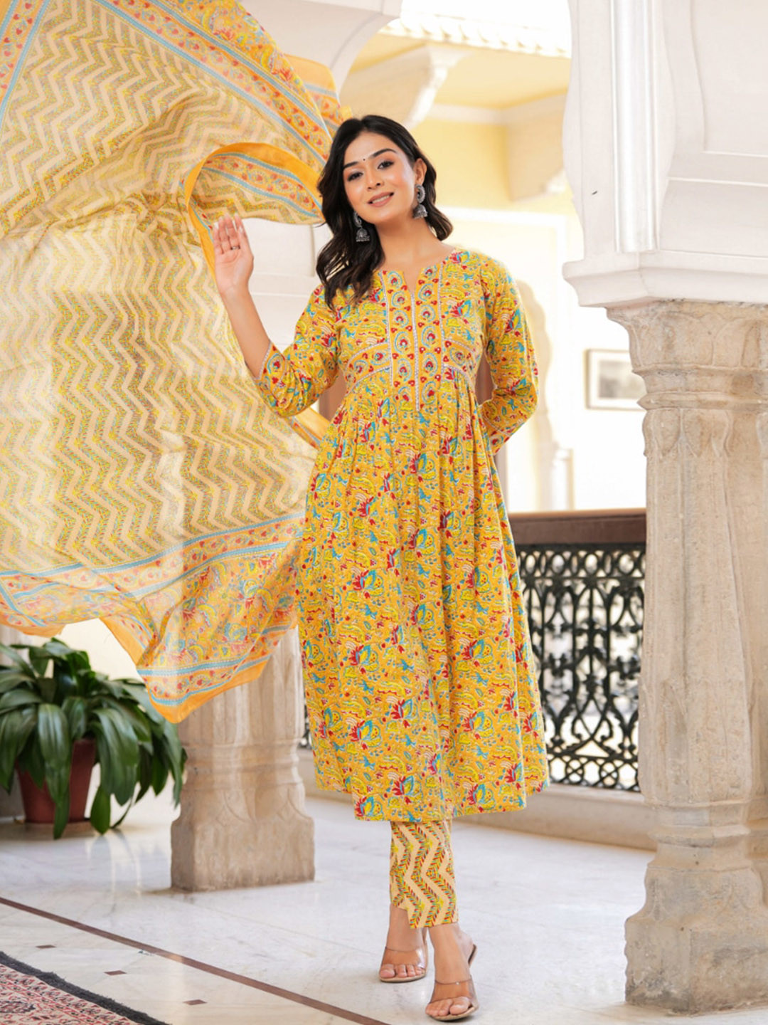 KALINI Floral Printed Mirror Work Pure Cotton A-Line Kurta With Trousers & Dupatta