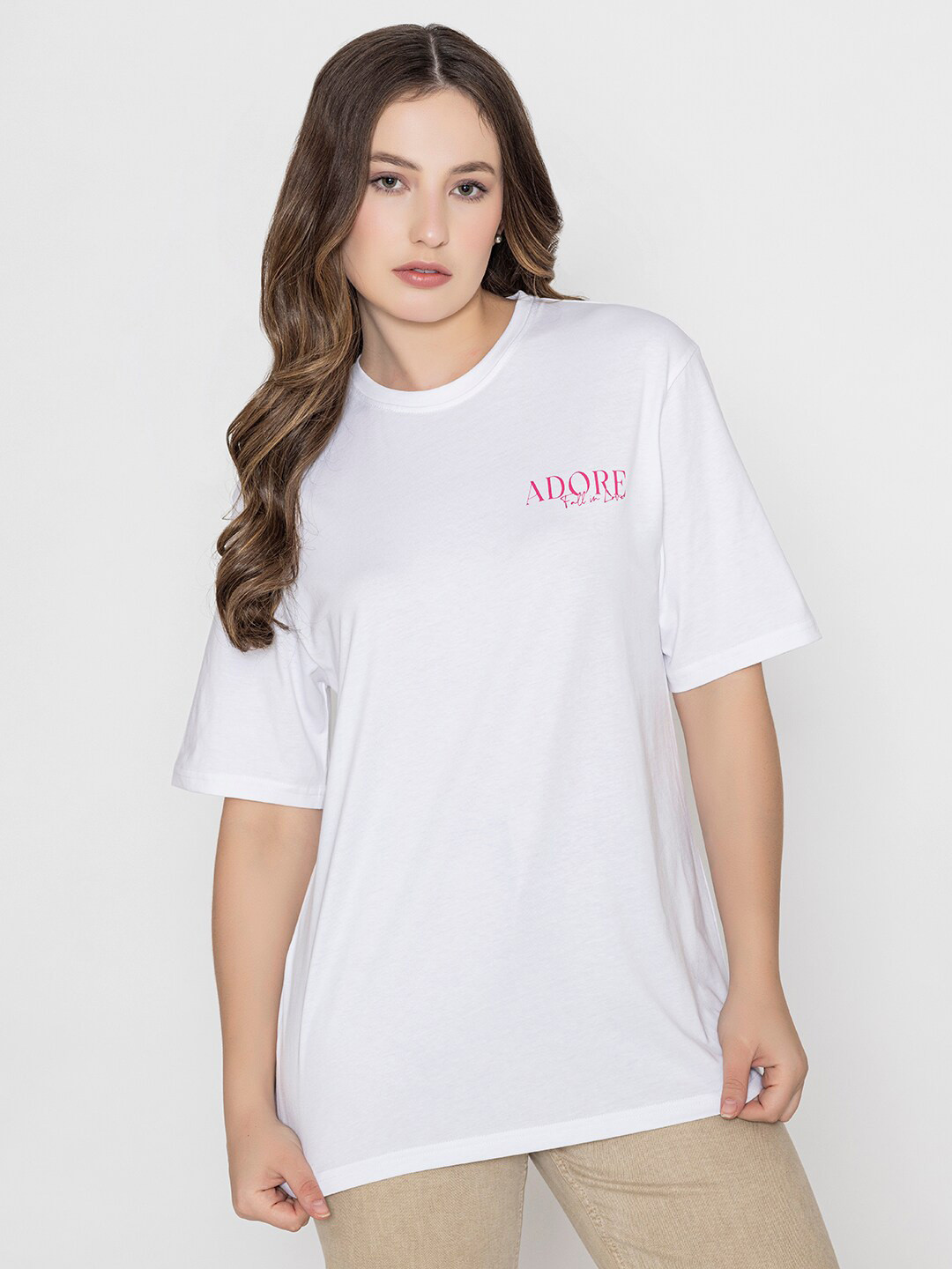 Bonjour Round Neck Short Sleeves Relaxed Fit Cotton T-shirt