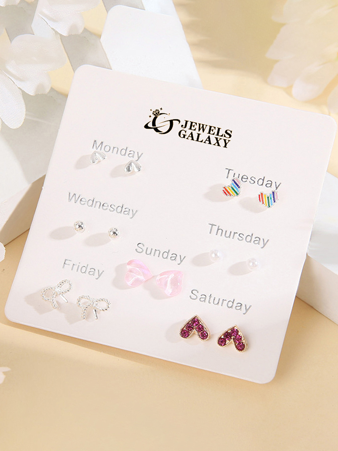 Jewels Galaxy Set Of 7 Silver Plated Crystals Studded Contemporary Studs Earrings