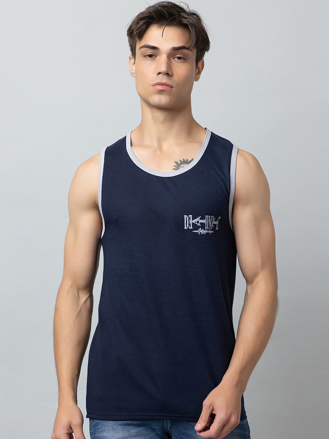 LOOKS UNITED Printed Cotton Sleeveless Gym Vest LU-VEST003-BLUE