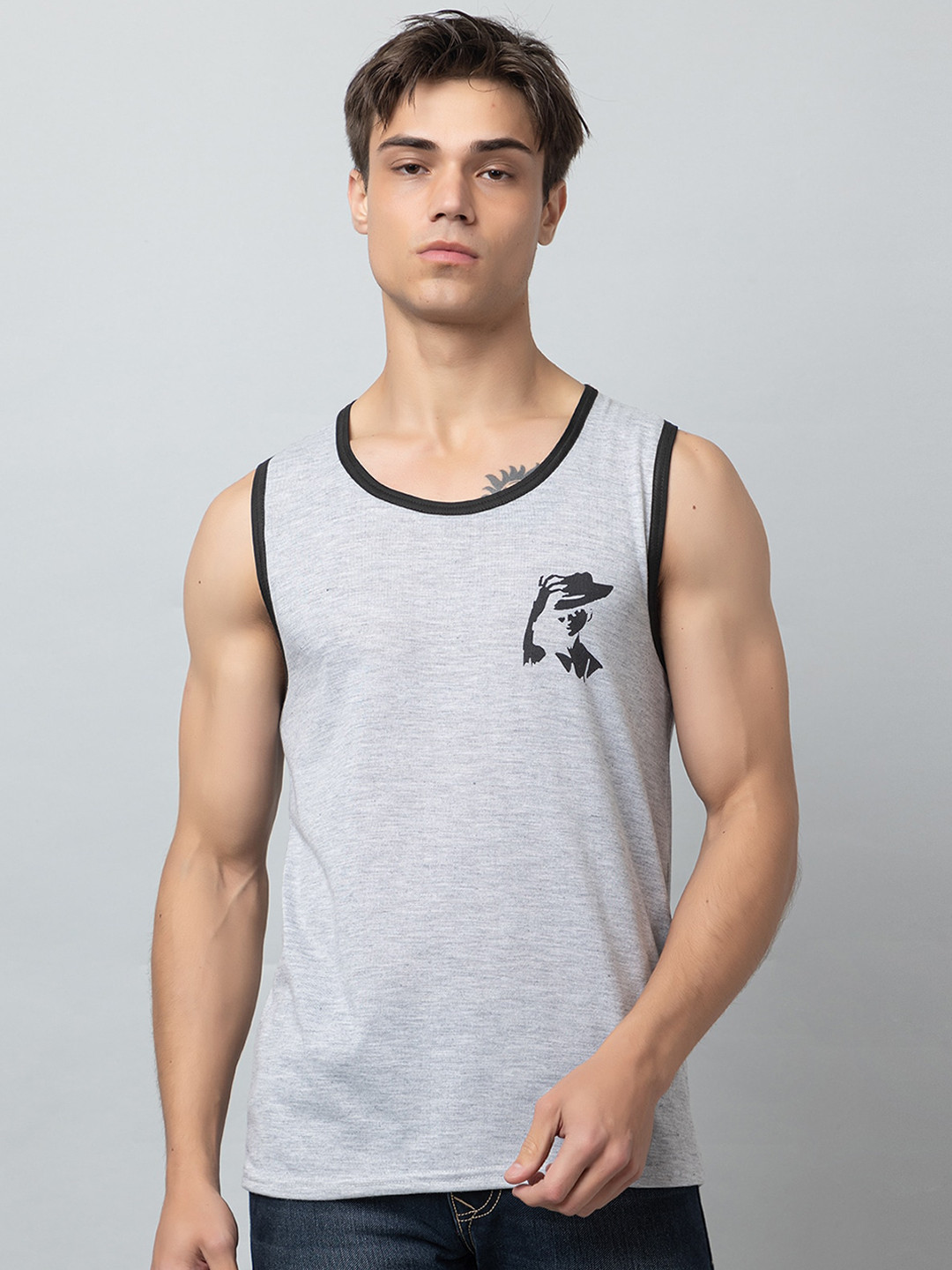 Looks United Printed Cotton Sleeveless Gym Vest LU-VEST004-GREY