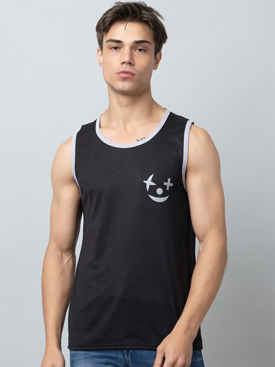 Looks United Printed Cotton Innerwear Gym Vests LU-VEST005-BLACK