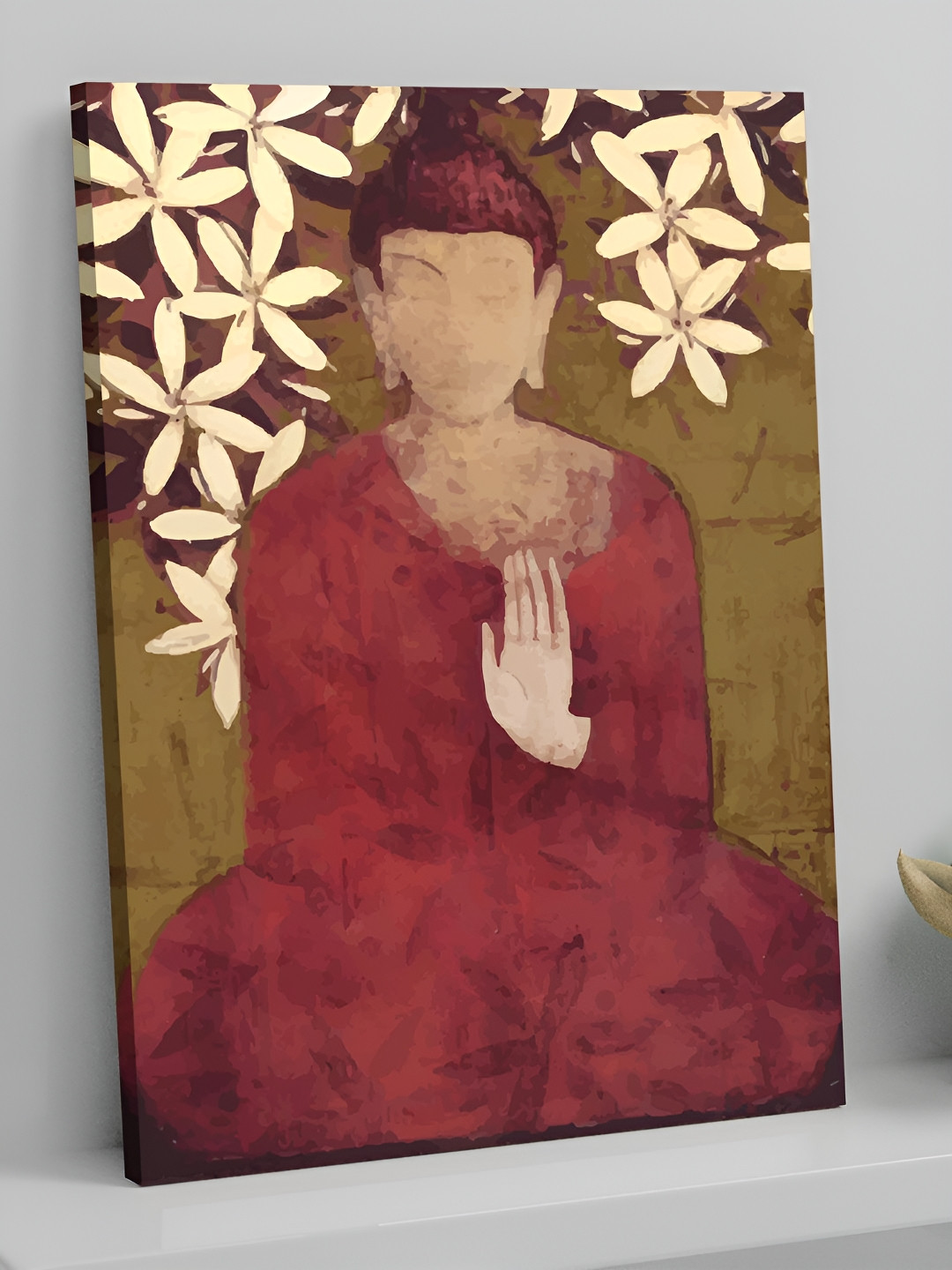 Art Street Maroon & Green Canvas Painting Calm Budhha with Flower Wall Art