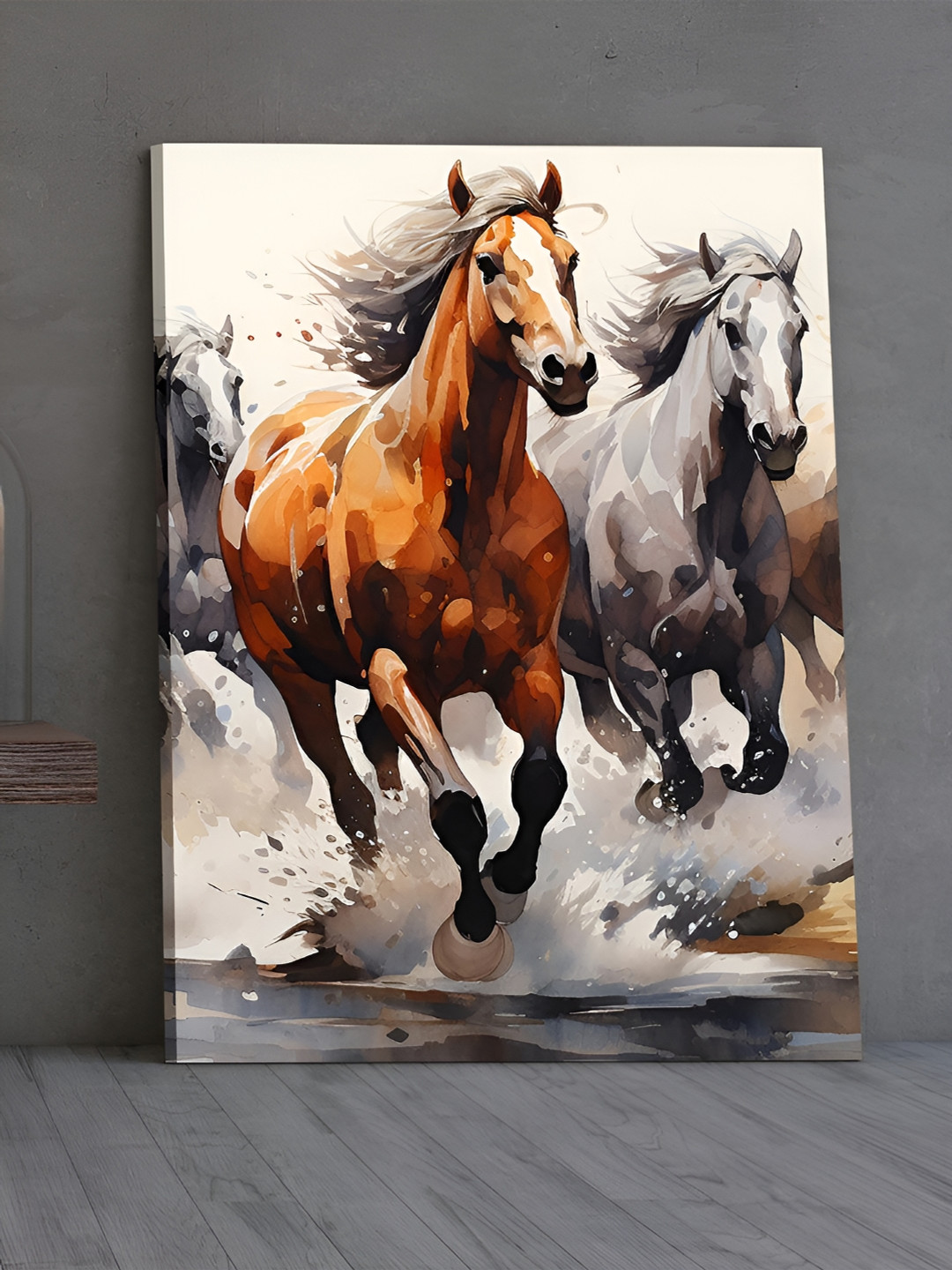 Art Street White & Rust Canvas Painting Running Horses Vastu Wall Art