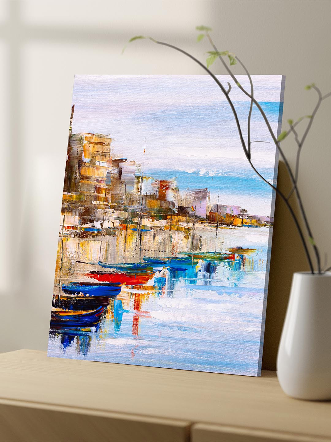Art Street Canvas Painting City view with River Side Harbor Art