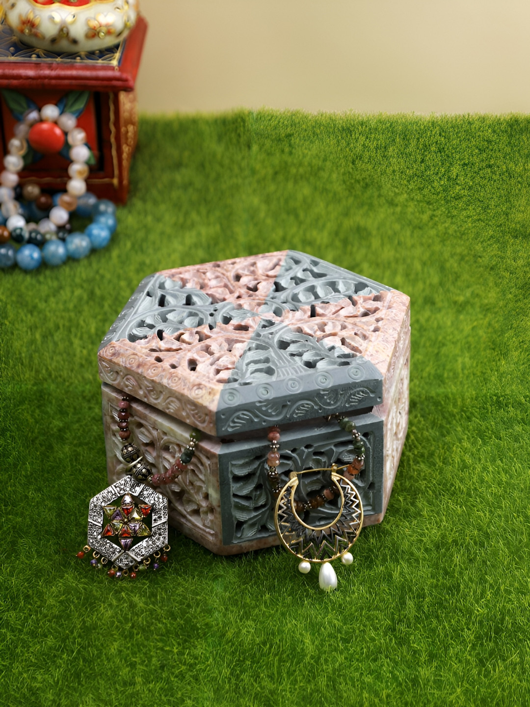 Aura Grey Grey & Pink Self Design Hexagonal Marble Jewellery Mini Storage Box Organiser