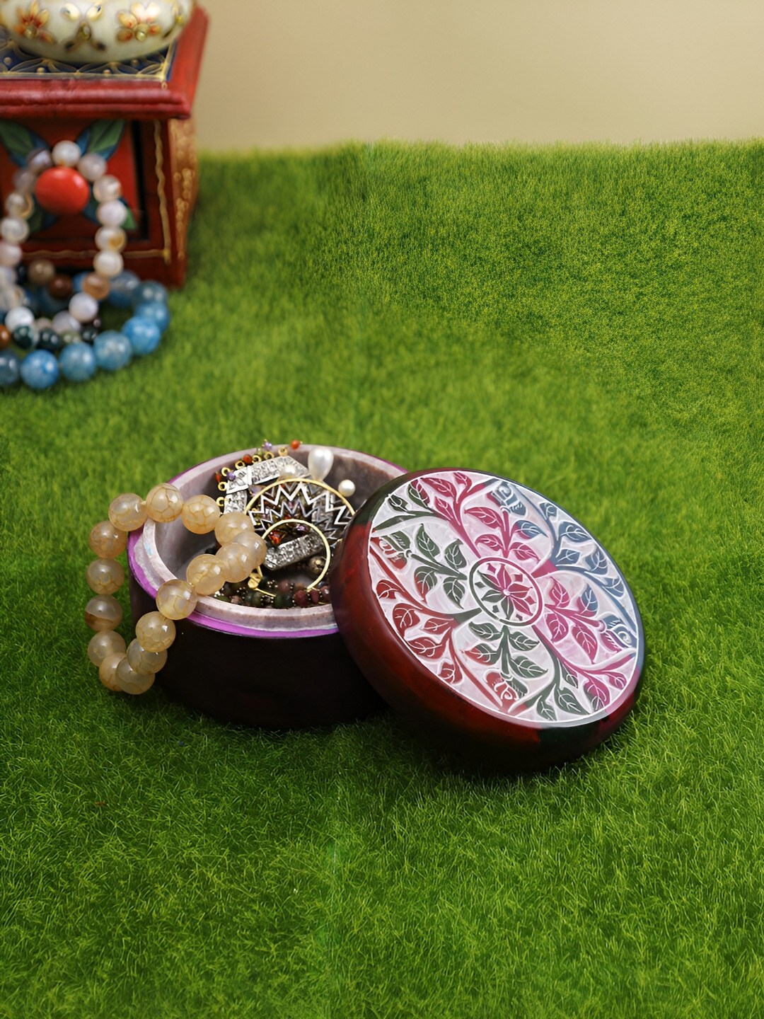 Aura Maroon & Green Self Design Marble Jewellery Mini Storage Box Organiser