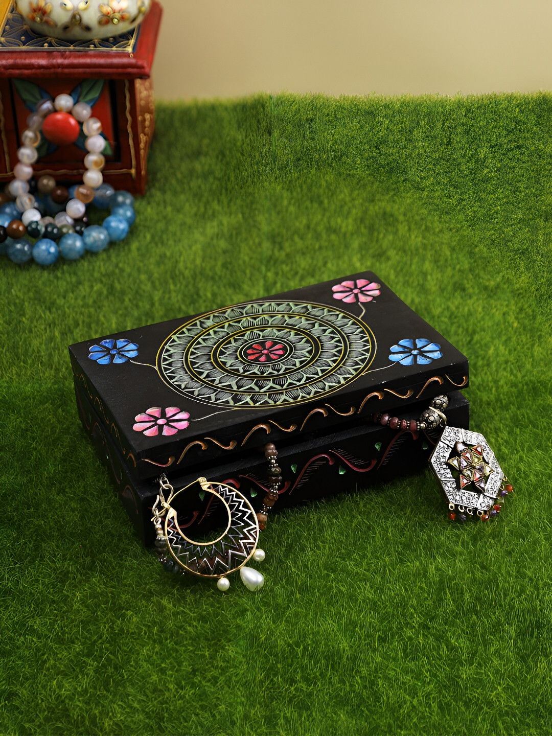 Aura Black & Pink Self Design Marble Jewellery Mini Storage Box Organiser