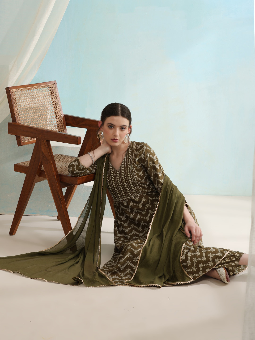 Khushal K V Neck Chevron Embroidered Gotta Patti A line Kurta with Palazzo & Dupatta
