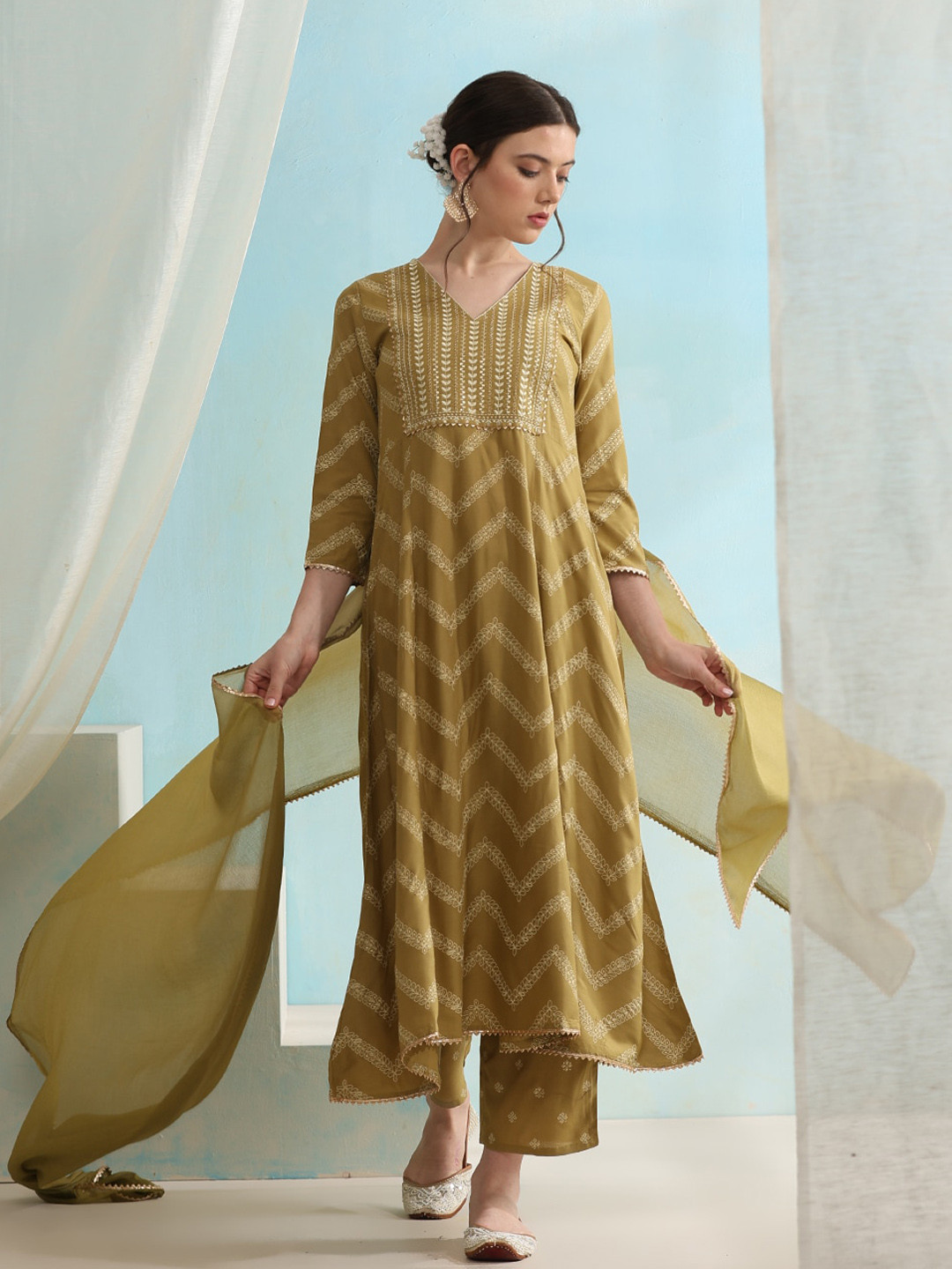 Khushal K V Neck Ethnic Embroidered Gotta Patti A line Kurta with Palazzo & Dupatta