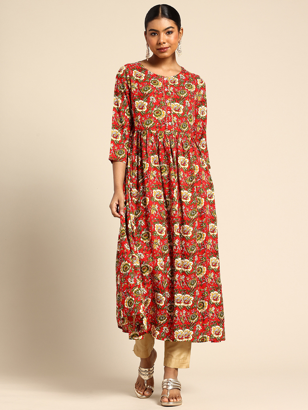 A&K Floral Printed Kurta with Gotta Patti Detail