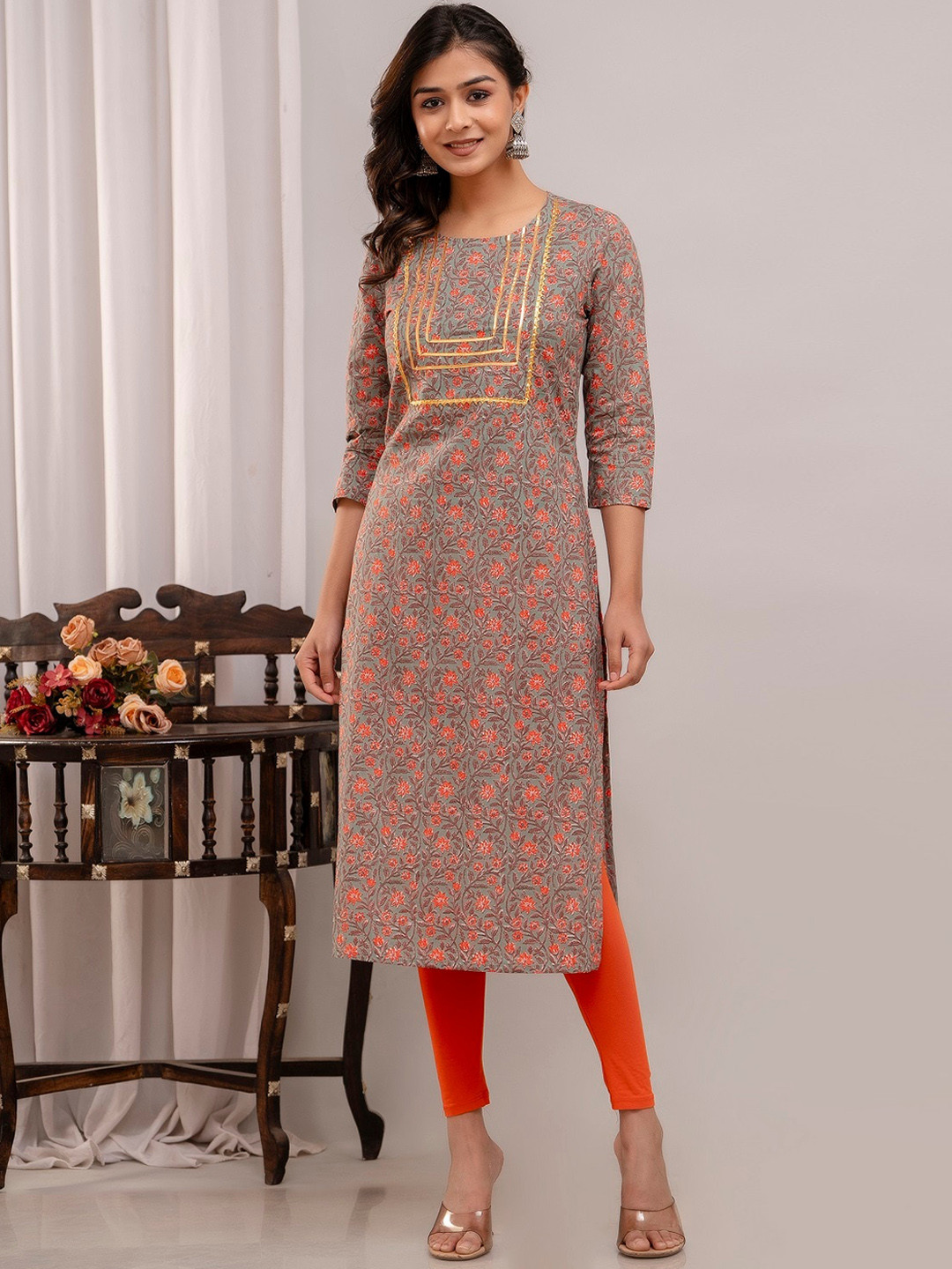 A&K Floral Printed Round Neck Gotta Patti Pure Cotton Straight Kurta