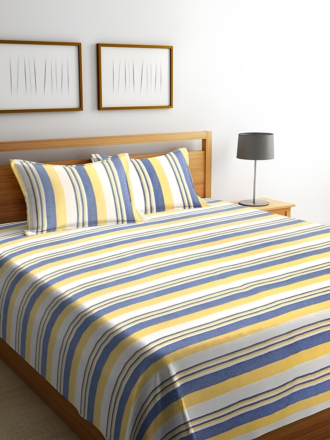 Innovative Edge Yellow Striped Pure Cotton 300 TC King Fine Bedsheet with 2 Pillow Covers-100 x 90 inches