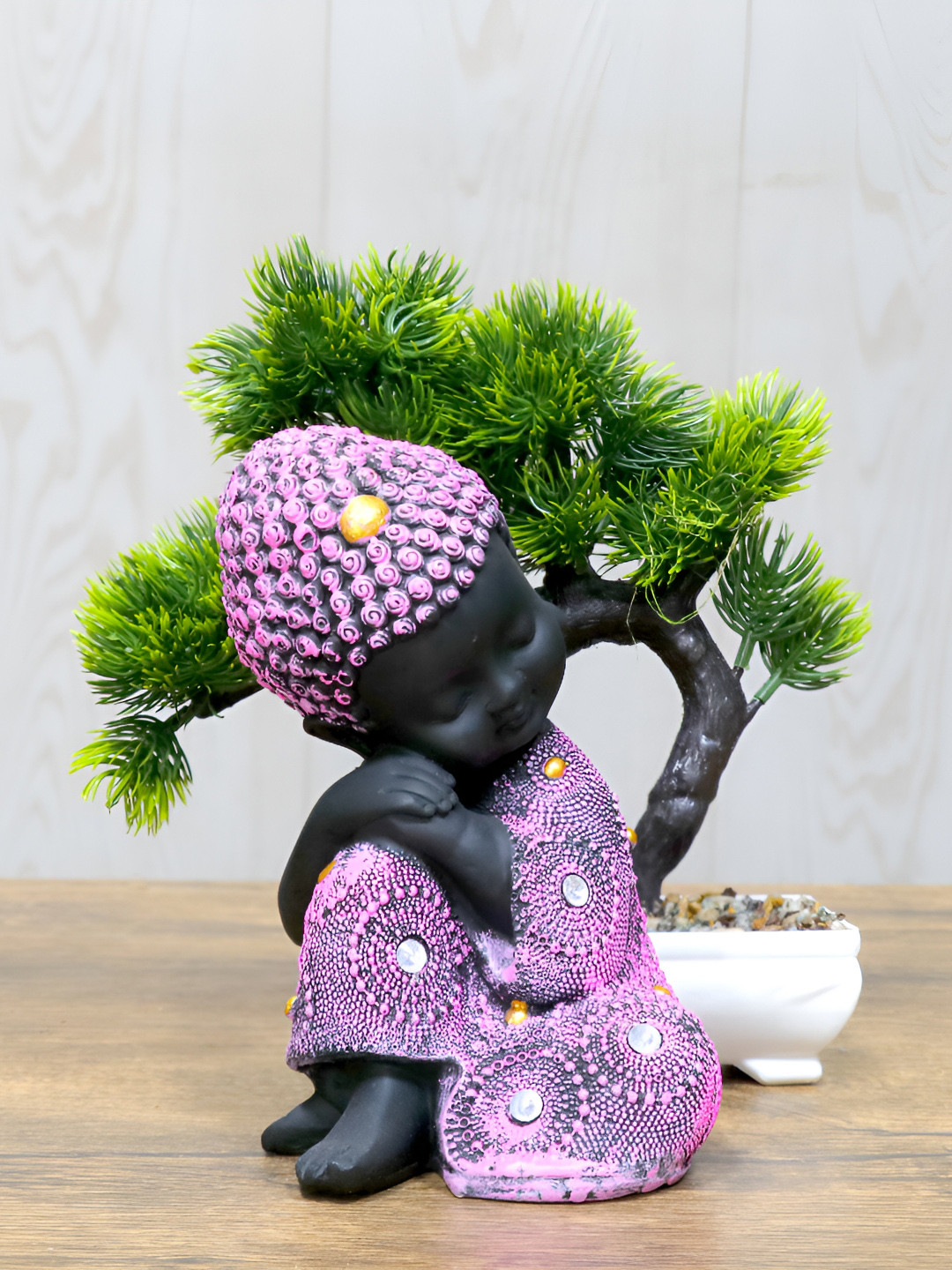 GW CREATIONS Pink & Black 2 Pieces Buddha Idol With Plant Showpieces