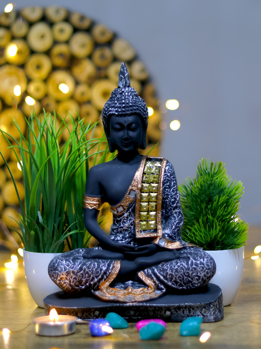 GW CREATIONS Black and Silver-Toned 3 Pieces Buddha Idol Showpiece