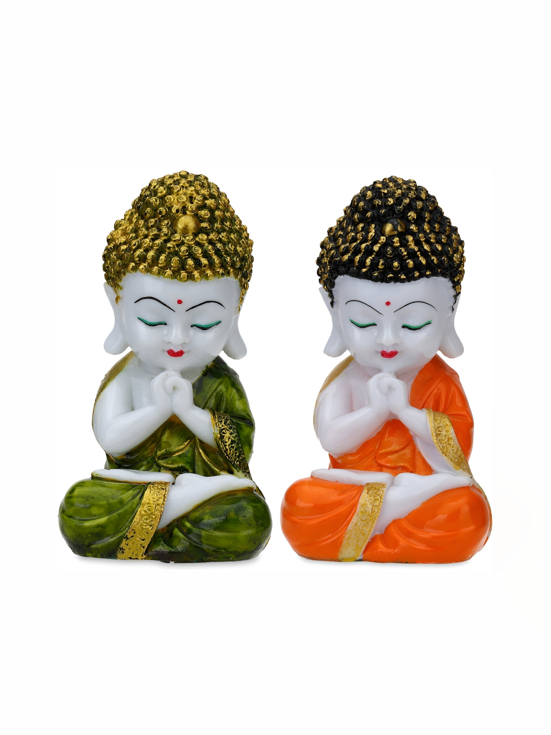 GW CREATIONS Green & Orange 2 Pieces Textured Buddha Idol Showpieces