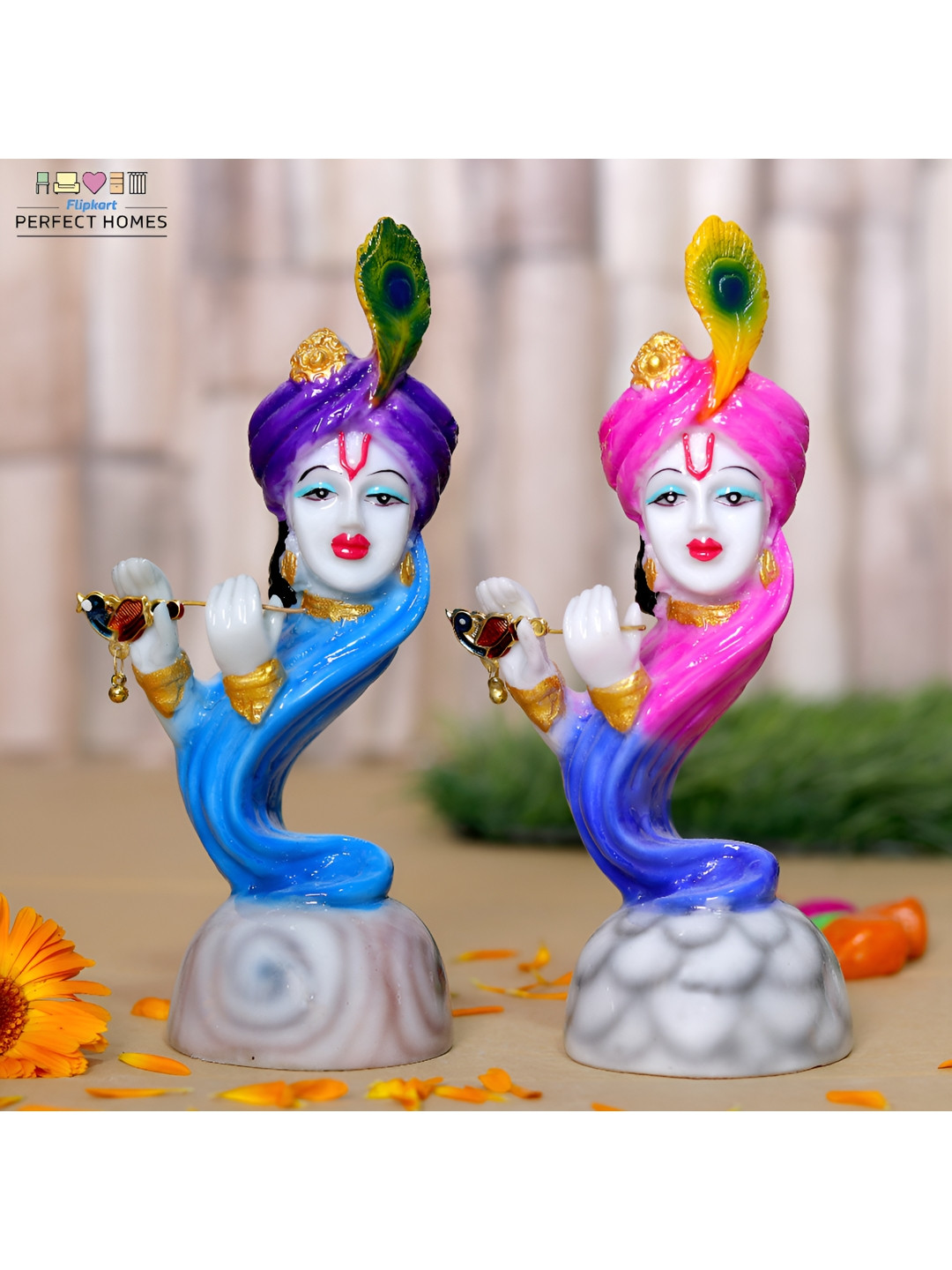 GW CREATIONS Blue & Pink 2 Pieces Lord Krishna Marble Idol Showpiece