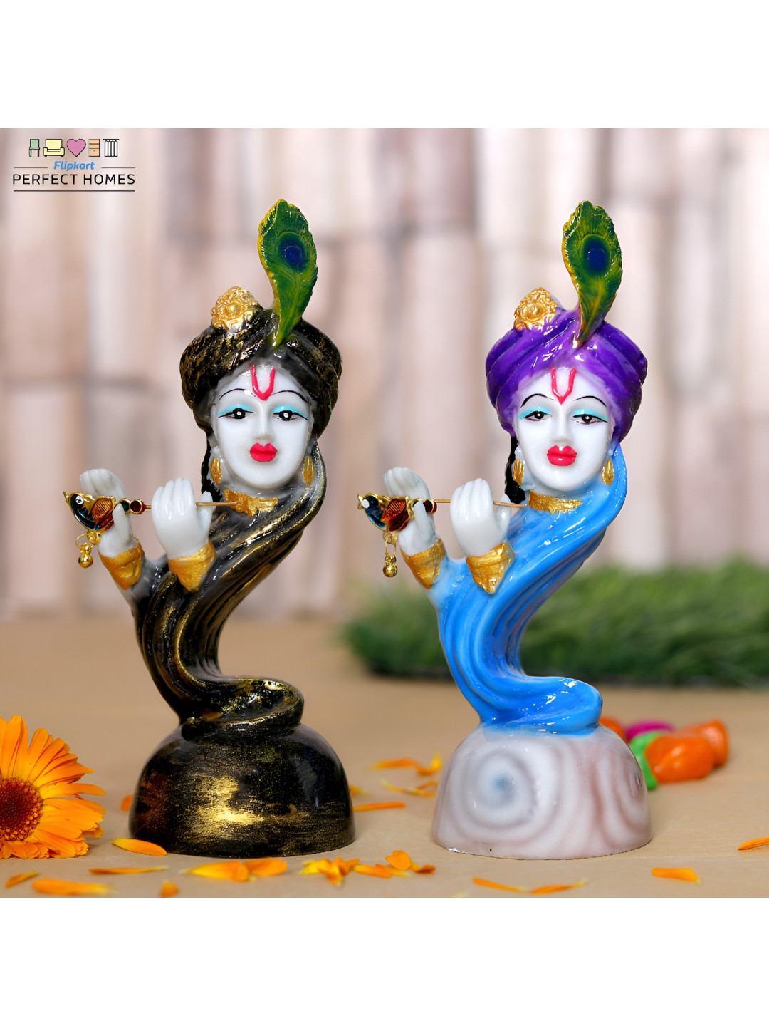 GW CREATIONS Blue & White 2 Pieces Lord Krishna Marble Idol Showpieces