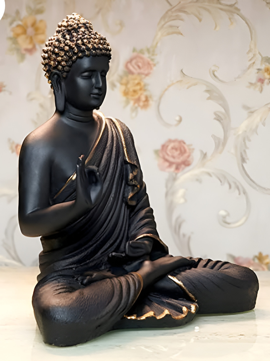 GW CREATIONS Black & Gold Toned Marble Buddha Idol Showpiece