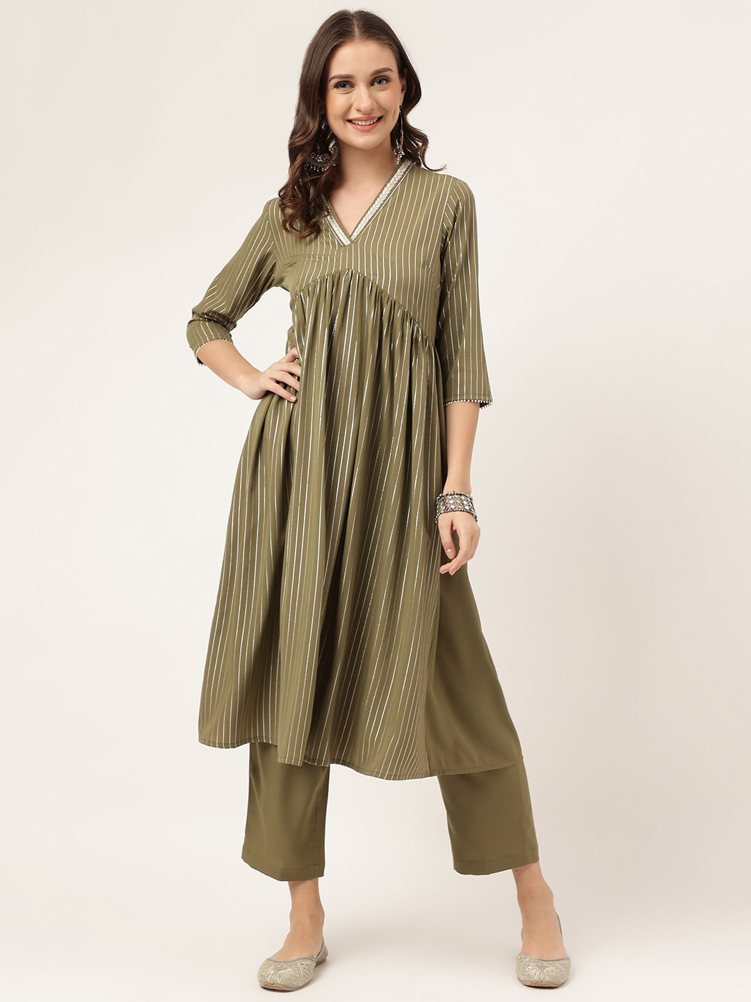 FIORRA Striped V-Neck Three-Quarter Sleeves A-Line Kurta with Trousers