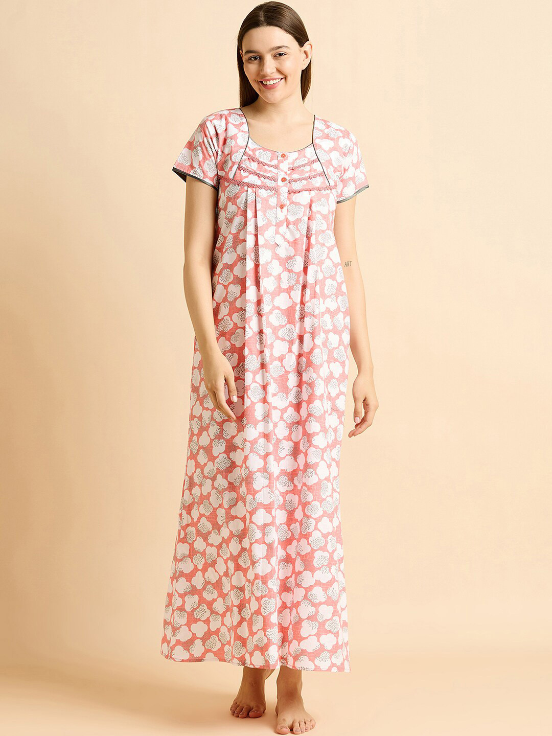 Sweet Dreams Orange Coloured Floral Printed Pure Cotton Maxi Nightdress