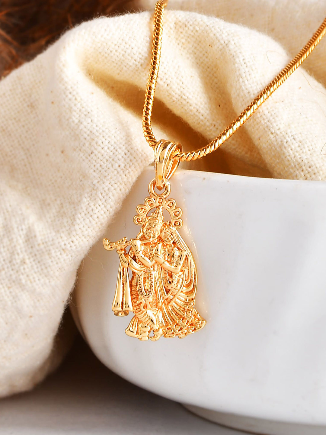 PYR FASHION Gold-Plated Radha Krishna Pendant with Chain