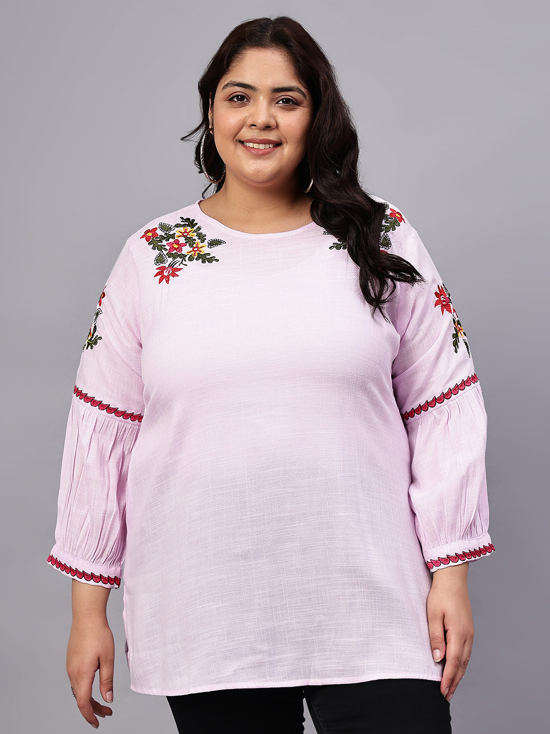 Indietoga Women Plus Size Floral Embroidered Round Neck Cotton Longline Top with Pockets
