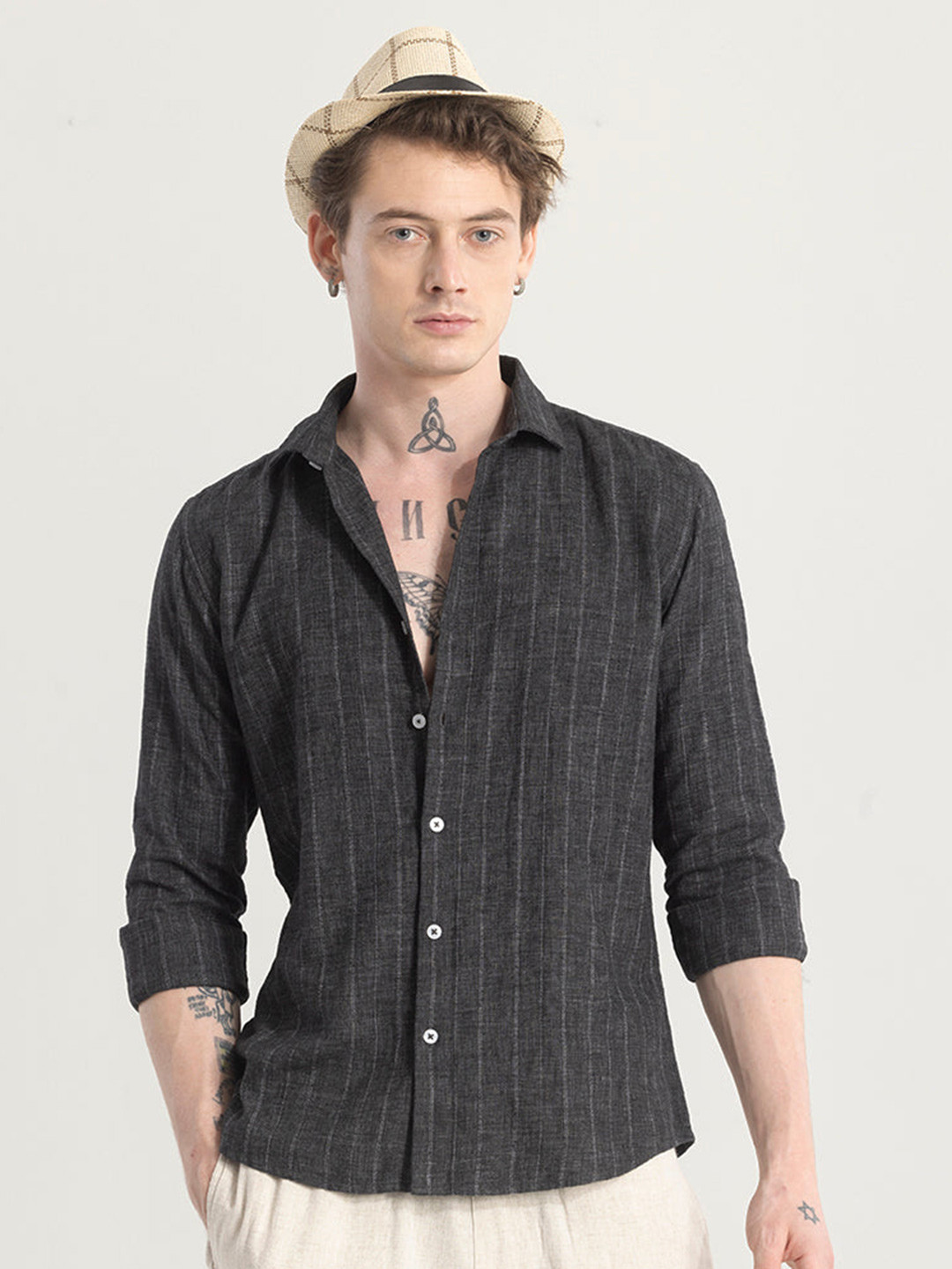 Snitch Charcoal Classic Slim Fit Spread Collar Casual Shirt