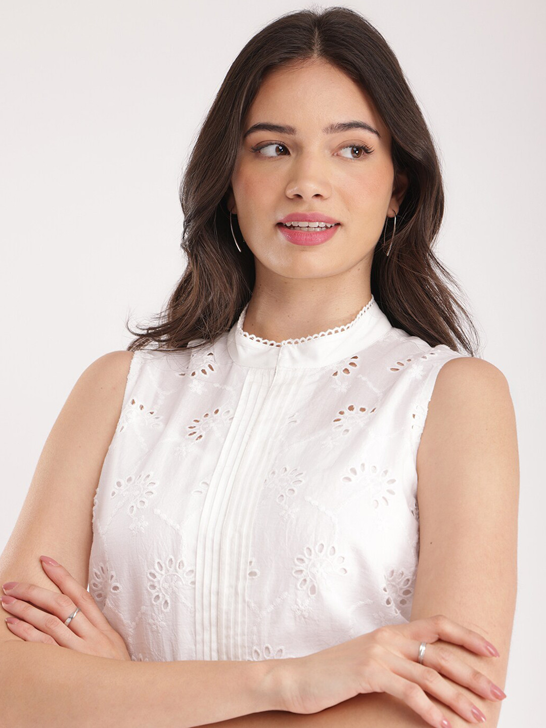 FableStreet Comfort Fit Pintuck Lace Detail Schiffli White Top