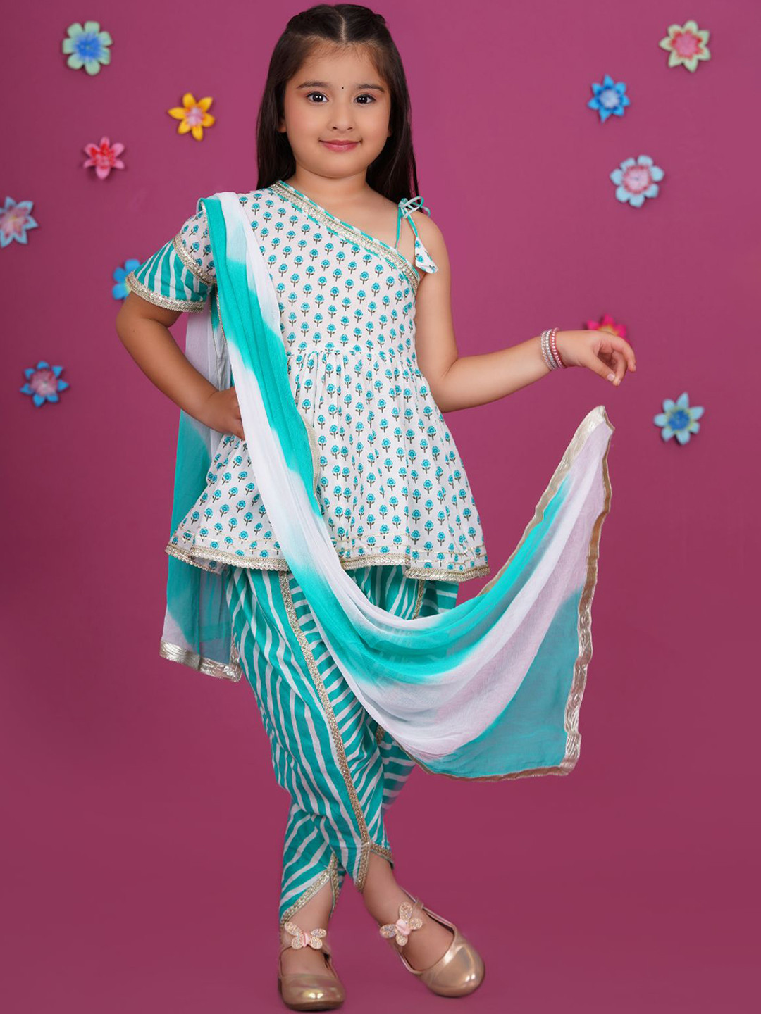 Stuffie Land Girls Floral Printed Regular Pure Cotton Kurti with Salwar & Dupatta